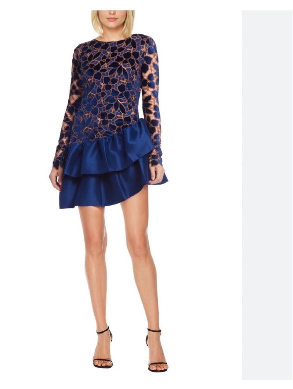 NWT Jewel Badgley Mischka Bailey Velvet Lace Asymmetric Mini Dress sz 4 Cocktail